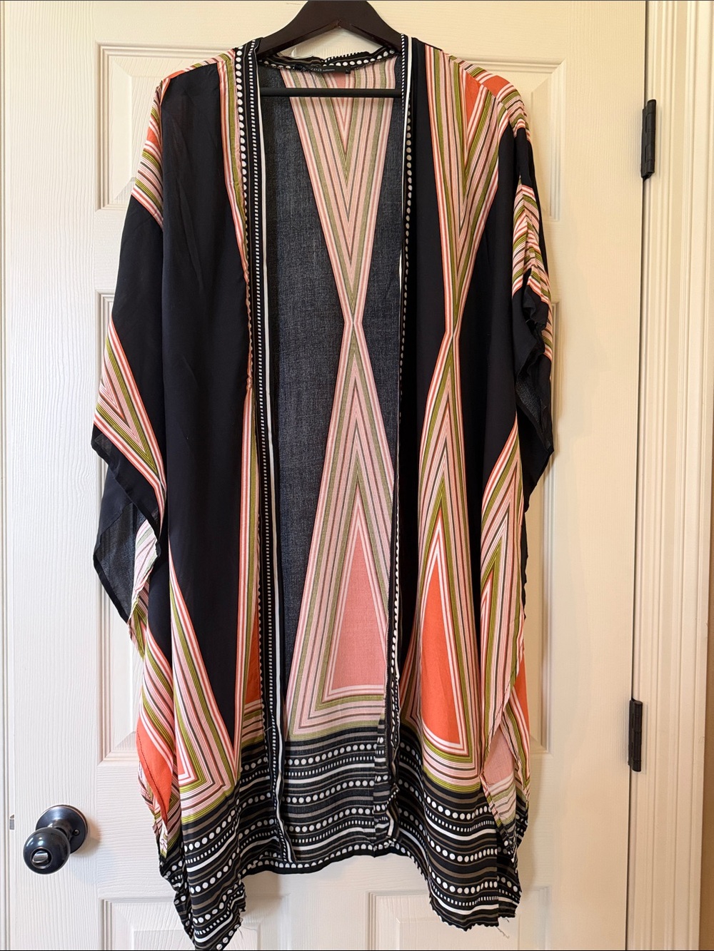 Zanzea Striped Open-Front Cardigan in Black, Orange & Green